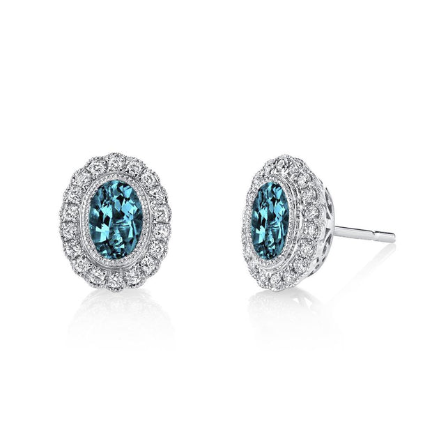 Vintage Inspired Blue Zircon and Diamond Earrings in 14k White Gold
