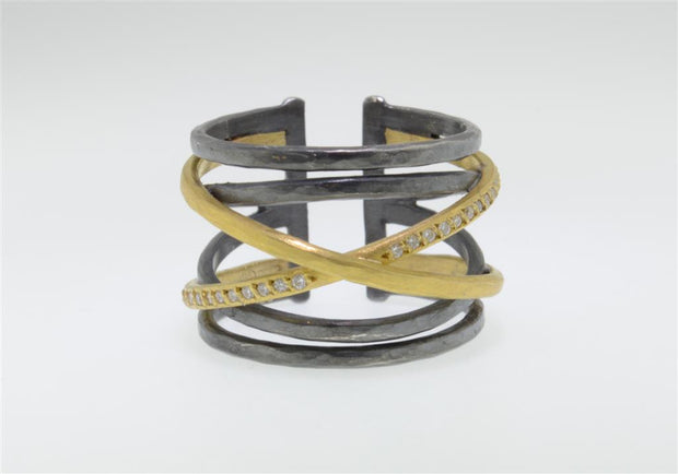 Lika Behar 22k Gold & Oxidized Silver Stockholm Crosswire Diamond Ring with open back