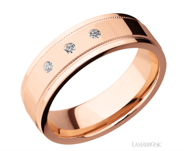 Lashbrook Designs edged milgrain diamond band in 14k rose gold with satin finish