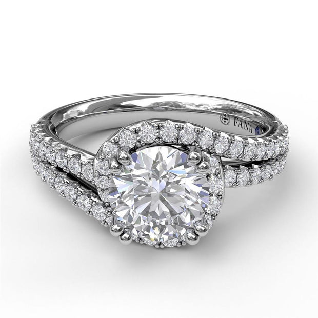 FANA 14K White Gold Swirl Halo with Split Shank Diamond Engagement Semi-Mount Ring
