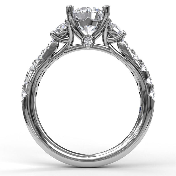 Fana 3 Stone Pave Diamond Engagement Semi-Mount in 14k White Gold