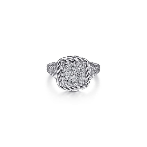 Gabriel White Sapphire Pave Signet Ring With Rope Frame in Sterling Silver