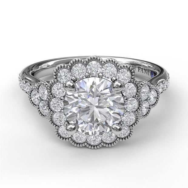 Fana Floral Halo Diamond Engagement Semi-Mount in 14k White Gold Ring