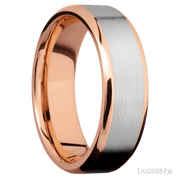 7 mm wide/Beveled/14K Rose Gold band with one 5 mm Centered inlay of 14K White Gold.