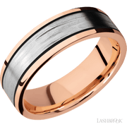 7 mm wide/Flat/14K Rose Gold band with one 4 mm Centered inlay of 14K White Gold.