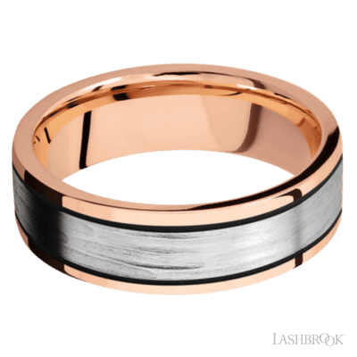 7 mm wide/Flat/14K Rose Gold band with one 4 mm Centered inlay of 14K White Gold.