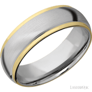 7 mm wide/Domed Stepped Down Edges/14K White Gold band with two 1 mm Edge inlays of 14K Yellow Gold.