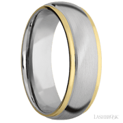 7 mm wide/Domed Stepped Down Edges/14K White Gold band with two 1 mm Edge inlays of 14K Yellow Gold.