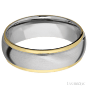 7 mm wide/Domed Stepped Down Edges/14K White Gold band with two 1 mm Edge inlays of 14K Yellow Gold.