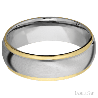 7 mm wide/Domed Stepped Down Edges/14K White Gold band with two 1 mm Edge inlays of 14K Yellow Gold.