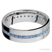 7 mm wide/Flat/14K White Gold band with an Eternity arrangement of .03 carat Round Denim Sapphire stones in a Channel setting.