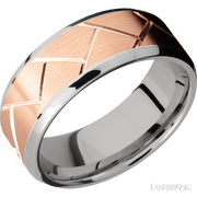 8 mm wide/Beveled/14K White Gold band with one 6 mm Centered inlay of 14K Rose Gold with a machined Flatweave pattern.