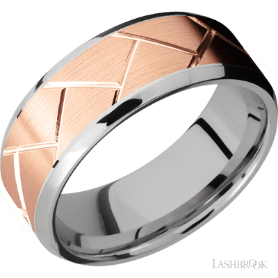 8 mm wide/Beveled/14K White Gold band with one 6 mm Centered inlay of 14K Rose Gold with a machined Flatweave pattern.