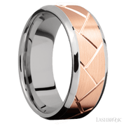 8 mm wide/Beveled/14K White Gold band with one 6 mm Centered inlay of 14K Rose Gold with a machined Flatweave pattern.