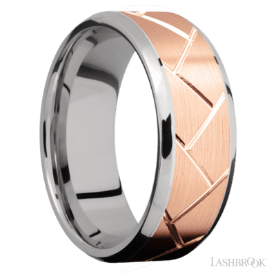 8 mm wide/Beveled/14K White Gold band with one 6 mm Centered inlay of 14K Rose Gold with a machined Flatweave pattern.
