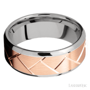 8 mm wide/Beveled/14K White Gold band with one 6 mm Centered inlay of 14K Rose Gold with a machined Flatweave pattern.