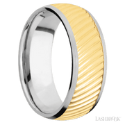 8 mm wide/Domed/14K White Gold band with one 6 mm Centered inlay of 14K Yellow Gold with a machined Ripple pattern.