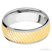 8 mm wide/Domed/14K White Gold band with one 6 mm Centered inlay of 14K Yellow Gold with a machined Ripple pattern.