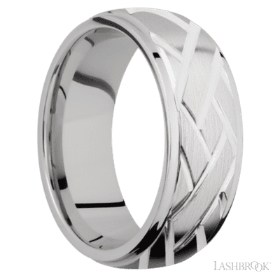 8 mm wide/Domed Stepped Down Edges/14K White Gold band with a machined Lattice pattern.