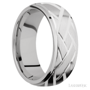 8 mm wide/Domed Stepped Down Edges/14K White Gold band with a machined Lattice pattern.