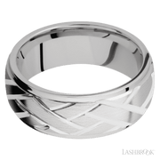 8 mm wide/Domed Stepped Down Edges/14K White Gold band with a machined Lattice pattern.