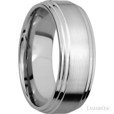 8 mm wide Flat Double Stepped Edges 14K White Gold band.