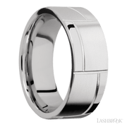 8 mm wide/Flat/14K White Gold band with a machined 3GOCHR pattern.