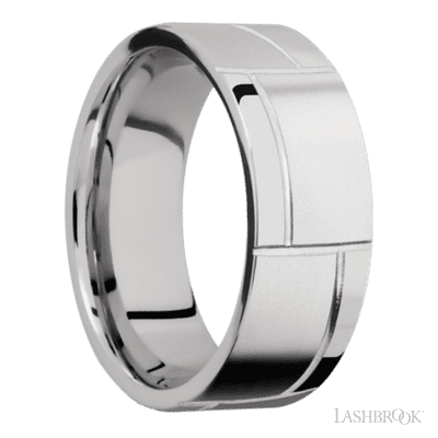 8 mm wide/Flat/14K White Gold band with a machined 3GOCHR pattern.
