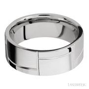 8 mm wide/Flat/14K White Gold band with a machined 3GOCHR pattern.