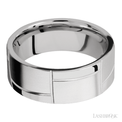 8 mm wide/Flat/14K White Gold band with a machined 3GOCHR pattern.
