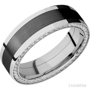 7 mm wide/Flat/14K White Gold band with  one 4 mm Centered inlay of Zirconium and featuring a Side Eternity arrangement of .01 carat Round Diamond stones in a Bead Channel setting