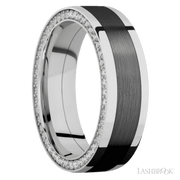 7 mm wide/Flat/14K White Gold band with  one 4 mm Centered inlay of Zirconium and featuring a Side Eternity arrangement of .01 carat Round Diamond stones in a Bead Channel setting