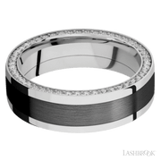 7 mm wide/Flat/14K White Gold band with  one 4 mm Centered inlay of Zirconium and featuring a Side Eternity arrangement of .01 carat Round Diamond stones in a Bead Channel setting