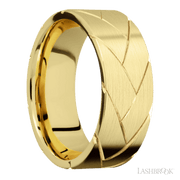 8 mm wide/Flat/14K Yellow Gold band with a machined Flatbraid pattern.