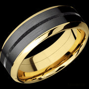 8 mm wide/High Bevel/14K Yellow Gold band featuring inlays of Zirconium and Dinosaur Bone Black.