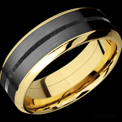 8 mm wide/High Bevel/14K Yellow Gold band featuring inlays of Zirconium and Dinosaur Bone Black.