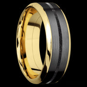 8 mm wide/High Bevel/14K Yellow Gold band featuring inlays of Zirconium and Dinosaur Bone Black.