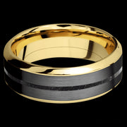 8 mm wide/High Bevel/14K Yellow Gold band featuring inlays of Zirconium and Dinosaur Bone Black.