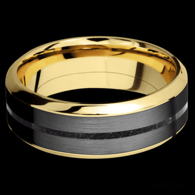 8 mm wide/High Bevel/14K Yellow Gold band featuring inlays of Zirconium and Dinosaur Bone Black.