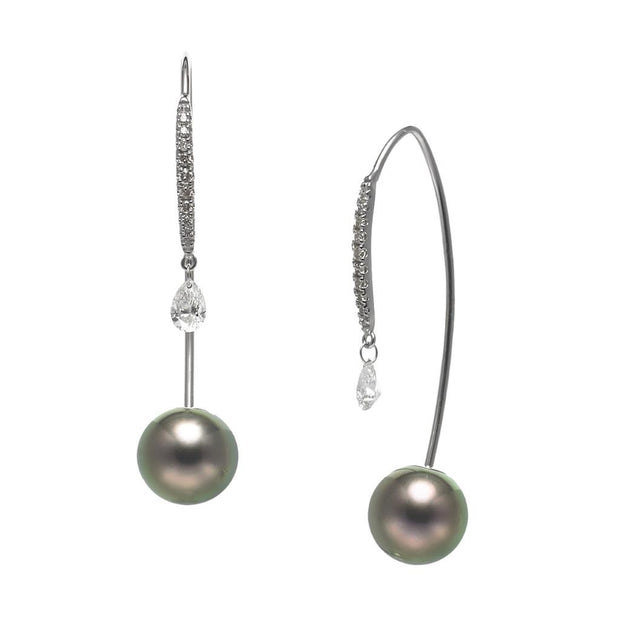 Baggins Tahitian Pearl and Diamond Drop Earrings in 14k white gold.