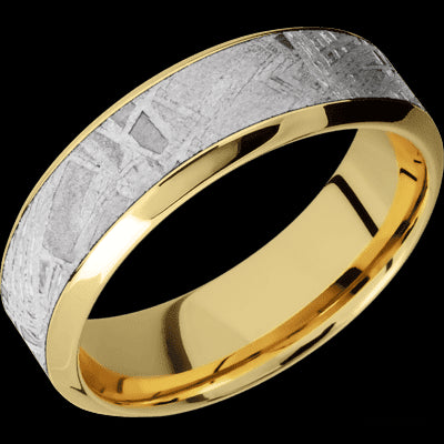 7 mm wide/High Bevel/18K Yellow Gold band with one 4 mm Centered inlay of Meteorite.