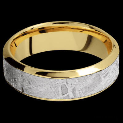 7 mm wide/High Bevel/18K Yellow Gold band with one 4 mm Centered inlay of Meteorite.