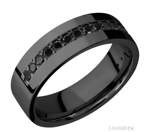 Lashbrook Designs flat wedding band with bead set black diamonds in blackened zirconium