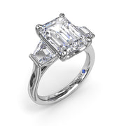 Fana three stone diamond engagement ring with emerald cut center and trapezoid cut diamonds