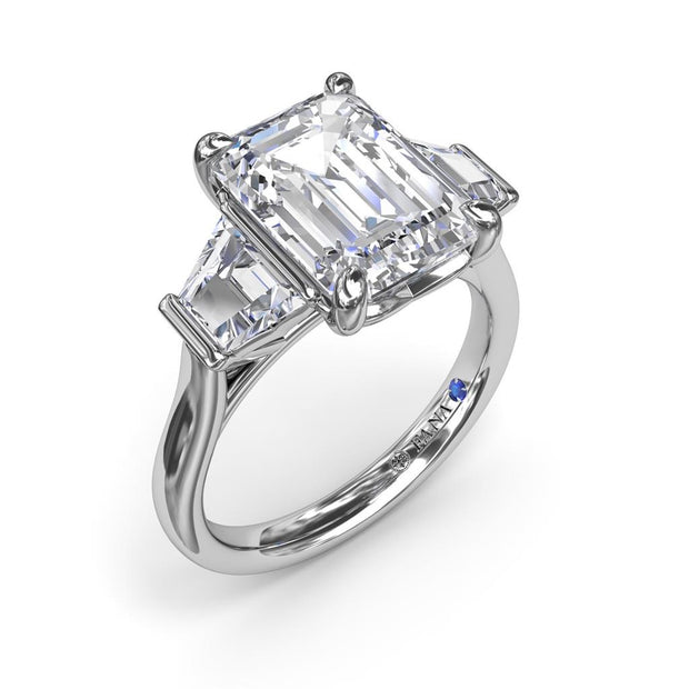 Fana three stone diamond engagement ring with emerald cut center and trapezoid cut diamonds