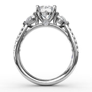 FANA 14K White Gold 3 Stone With Pear Shaped Sides Diamond Engagement Semi-Mount Ring