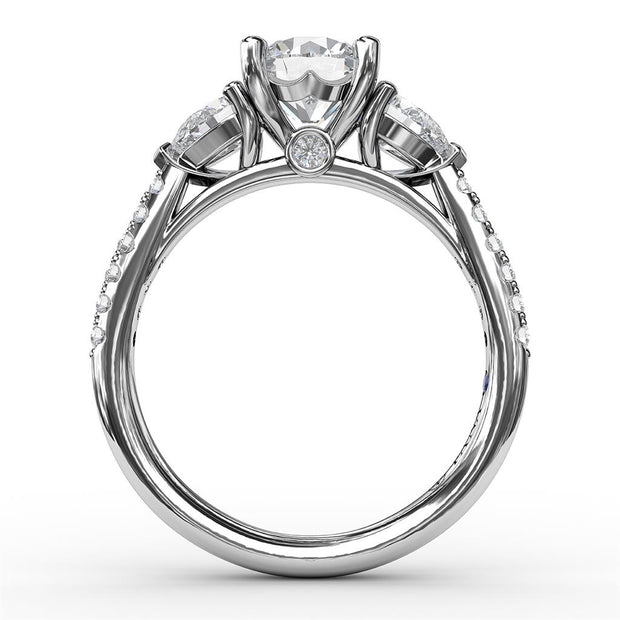 FANA 14K White Gold 3 Stone With Pear Shaped Sides Diamond Engagement Semi-Mount Ring