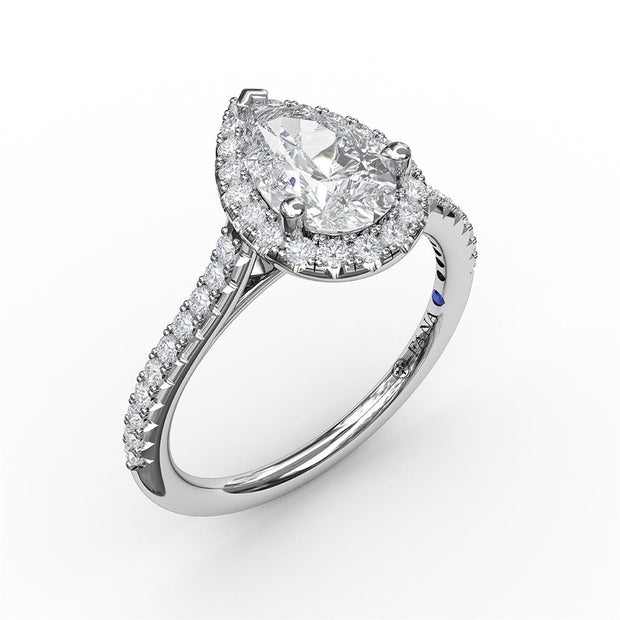 FANA 14K White Gold Pear Shaped Halo and Pave sides Diamond Engagement Semi-Mount Ring