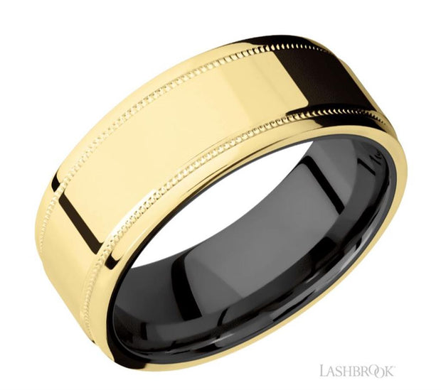 Lashbrook Designs milgrain wedding band in 14k yellow gold with zirconium sleeve inside