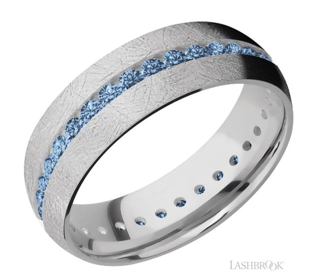 Lashbrook Designs denim sapphire eternity band with distressed finish in 14k white gold